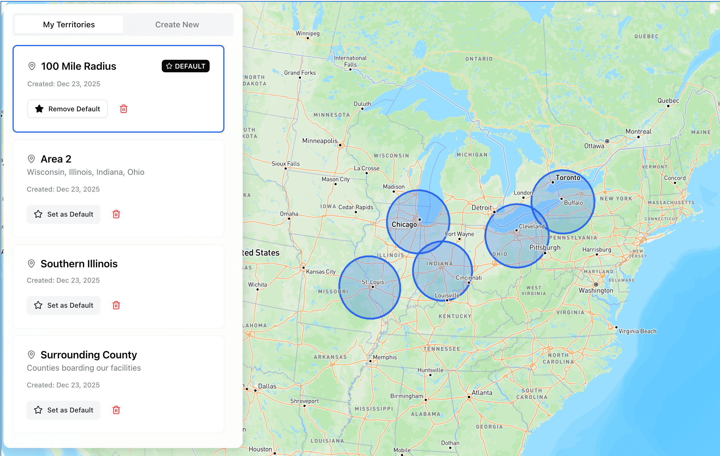 Territory management showing custom drawn territories on a map